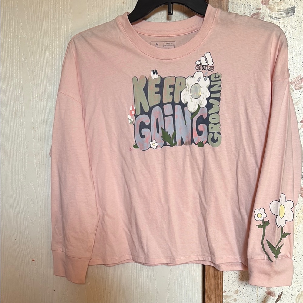 adidas Pink Long Sleeve Kids Tee with Floral Graphics